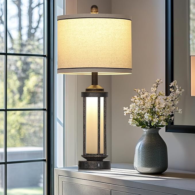 27" Farmhouse Industrial Table Lamps, Vintage Rustic Retro Beside Lamps with USB A+C Charging Ports & AC Outlet, Modern Nightstand Lamps with Glass LED Night Light for Living Room Bedrooms End Table