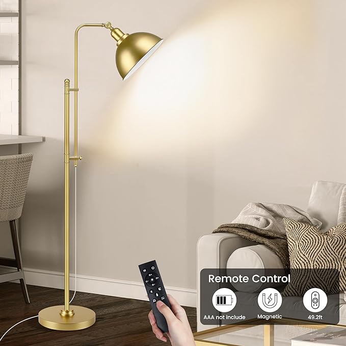 PARTPHONER Industrial Floor Lamp Adjustable, Rustic Farmhouse Reading Lamp in Aged Gold Finish, Modern Standing Lamp with Remote Control Metal Shade for Living Room Bedroom Study Room Office Hotel