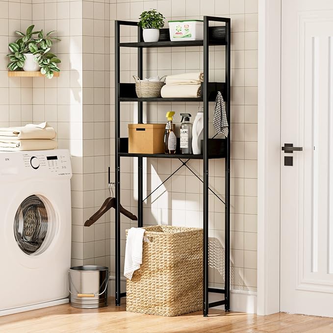 OTK Over-The-Toilet Storage, 3 Tier Bathroom Organizer Shelf, Freestanding Space Saver with Toilet Paper Holder, Multifunctional Over The Toilet Rack, Black