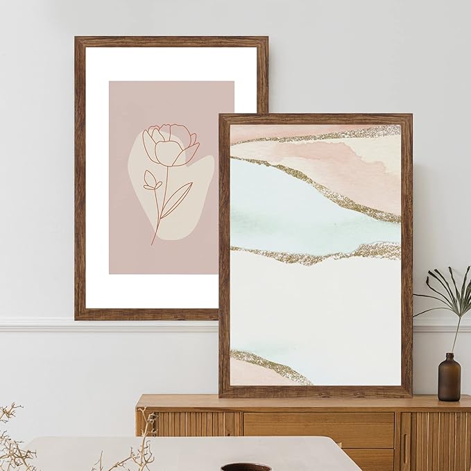 14x22 Picture Frame Set of 2, Rustic Brown Wood Style - Display 14 x 22 Picture without Mat or 12x18 Picture with Mat, Wall Mounting Horizontal and Vertical