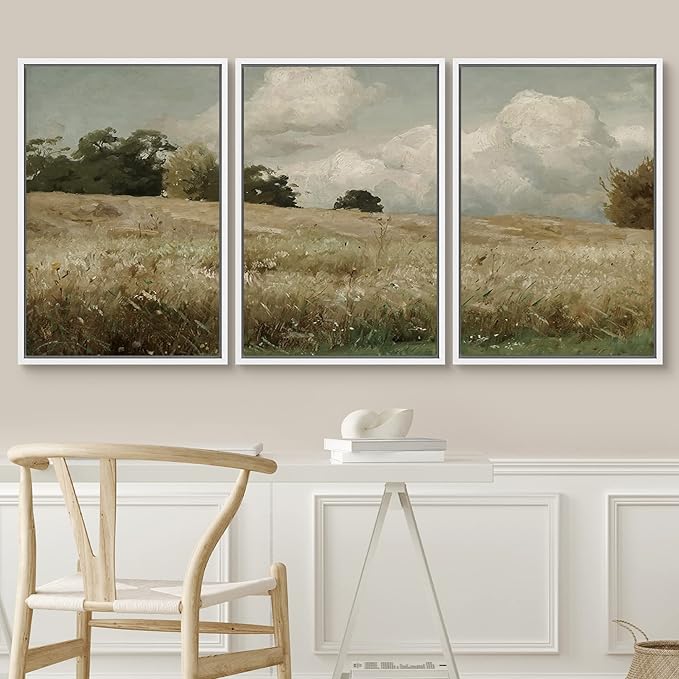 SIGNWIN Framed Canvas Print Wall Art Woodland Nursery Decor Set Watercolor Country Field Landscape Pasture Nature Abstract Fine Art Nordic for Living Room, Bedroom, Office - 24"x36"x3 White