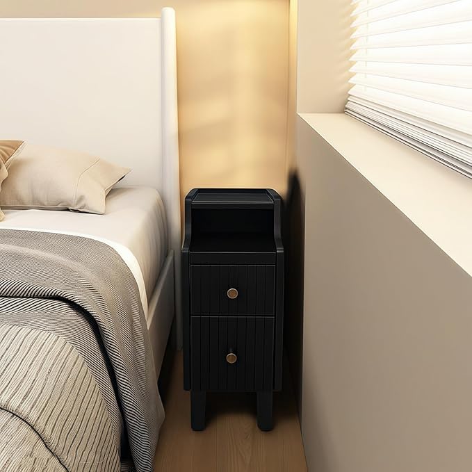 Narrow Nightstand with 2 Drawers, Fully Assembled Slim Bedside Table, Pre-Assembled Slim Nightstand for Small Spaces, Living Room, Bedroom, Black