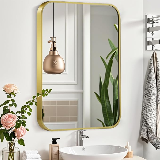 24x32 Inch Gold Mirror, Framed Rectangle Mirror with Rounded Corner, Brushed Brass Mirror, Gold Bathroom Mirror for Over Sink, Vanity, Living Room, Bedroom, Horizontal/Vertical