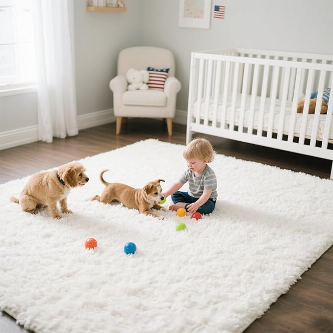 Area Rugs for Bedroom Living Room, 9x12 Soft Large Fluffy Fuzzy Shag Plush Furry Carpet, Soft Indoor Floor Mat for Kids Nursery Home Dorm Office Decor Aesthetic, White