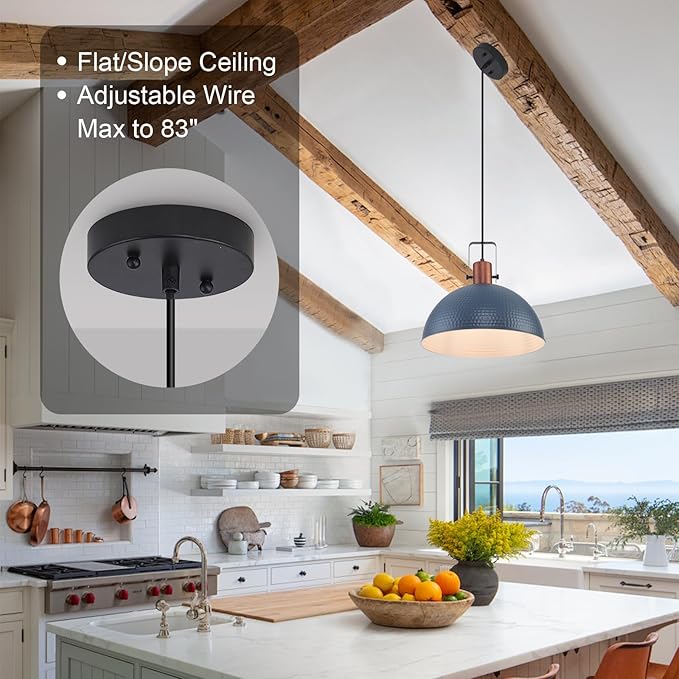 16 Inch Blue Pendant Lights Hammered Matte Pendant Lights for Kitchen Island Industrial Farmhouse Adjustable Height Dome Hanging Light Fixtures for Barn, Dining Room 2 Packs