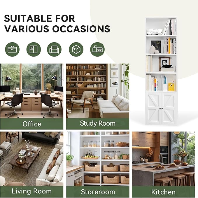 Tall Bookshelf Set of 2, 6 Tier Floor Standing Bookcase with Two Hinged Doors, Storage Organizer Display Shelves, Modern Corner Bookshelf Storage Cabinet for Living Room, Office, White