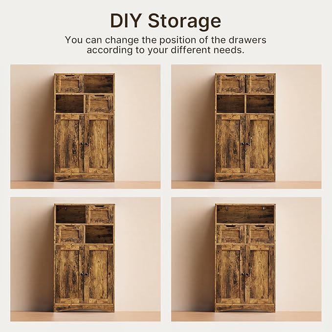 Gizoon Storage Cabinet, Bathroom Cabinet with 2 Drawers and Adjustable Shelves, Freestanding Storage Organizer with Doors for Bathroom, Living Room, Kitchen, Home Office, Hallway