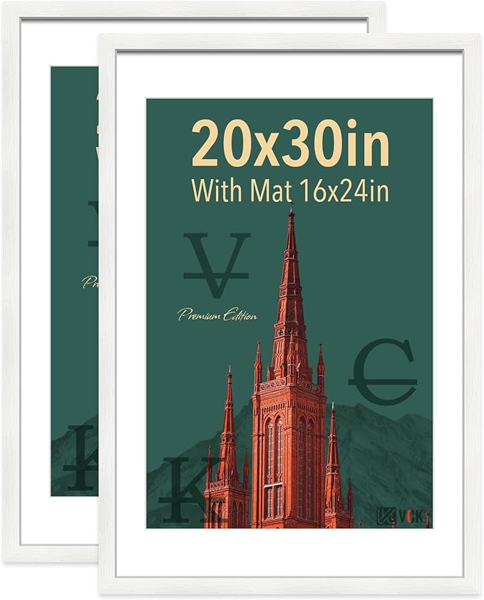 VCK 20x30 Poster Frame White - with Mat 16x24, Exclusive Textured Solid Wood Picture Frame Horizontal and Vertical Formats with Included Hanging Hardware, 2 Pack