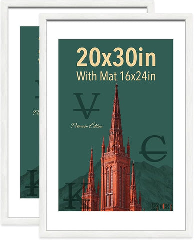 VCK 20x30 Poster Frame White - with Mat 16x24, Exclusive Textured Solid Wood Picture Frame Horizontal and Vertical Formats with Included Hanging Hardware, 2 Pack