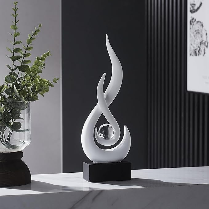 FJS White Modern Flame Statue Home Decorations for Living Room, 13.7" H Resin Sculptures Home Décor Accents, Abstract Art Sculpture for Dining Room Office Coffee Table Centerpiece