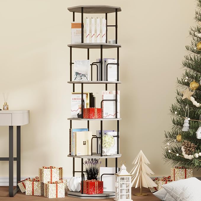 5 Tier Rotating Bookshelf, 360 Display Round Spinning Bookshelf Tower for Kids Room, Corner Shelf for Living Room, Office, Bedroom, Black