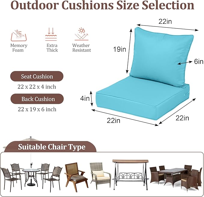 Outdoor Deep Seat Cushions for Patio Furniture Set of 2, Waterproof Outdoor Chair Cushions 22 x 22 x 4'' Patio Furniture Cushion with Fade Resistant Removable Cover, Handle & Straps, Lake Blue