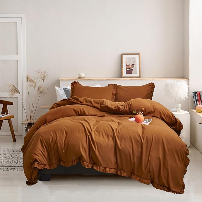 Luxlovery Ruffle Pumpkin Comforter Set King Farmhouse Rust Terracotta Bedding Comforter Set Shabby Boho Solid Cotton Blanket Quilts Vintage Rustic Pumpkin Bedding Set for King Bed
