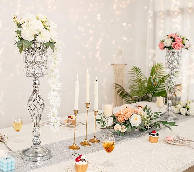 24in Wedding Centerpieces for Tables, 2pcs Silver Metal Diamond Crystal Wedding Flower Stand Centerpiece Vases for Table Decorations Reception Party Home Decor