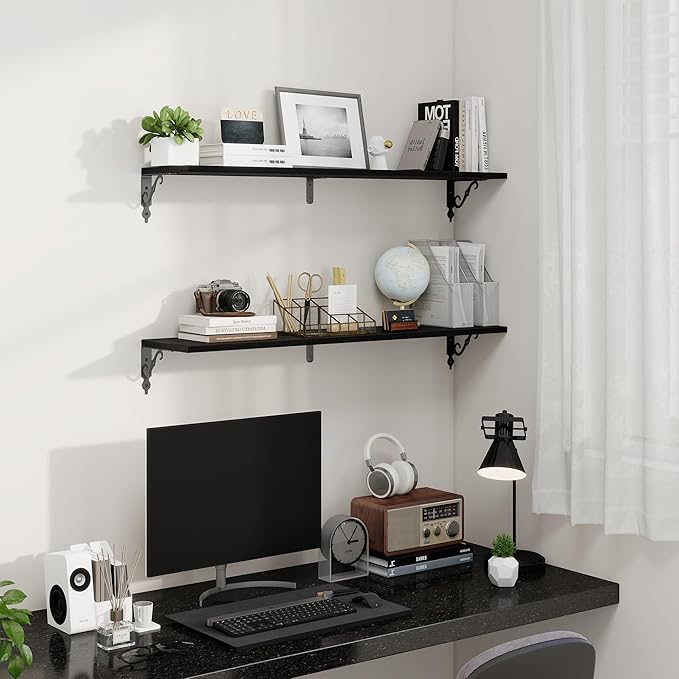 Fun Memories 40 Inch Floating Shelves Wall Mounted, 8 Inch Deep Wall Shelves with Bracket, Rustic Hanging Bookshelf, 40" Bookshelves for for Living Room, Kitchen and Bedroom, Black, Set of 2