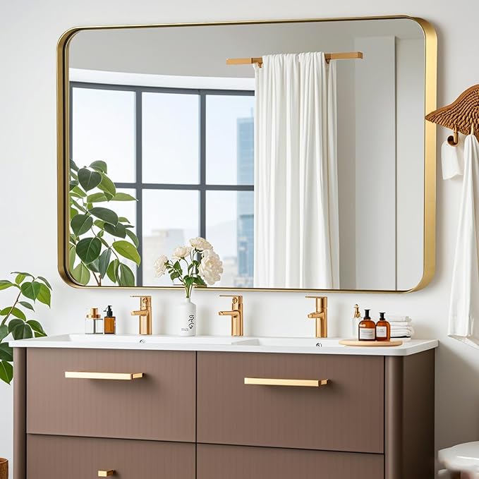 40x30 Inch Gold Bathroom Mirror, Brushed Metal Framed Rectangle Mirror with Rounded Corner, Gold Bathroom Vanity Mirror for Bedroom or Living Room, Horizontal/Vertical