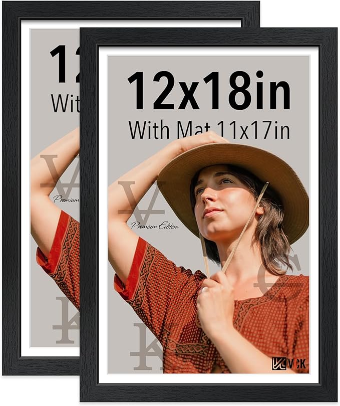 VCK 12x18 Frame 2 pk, Solid Wood Poster Frame & HD Glass | Display Picture 11x17 with Mat or 12x18 without Mat | Black