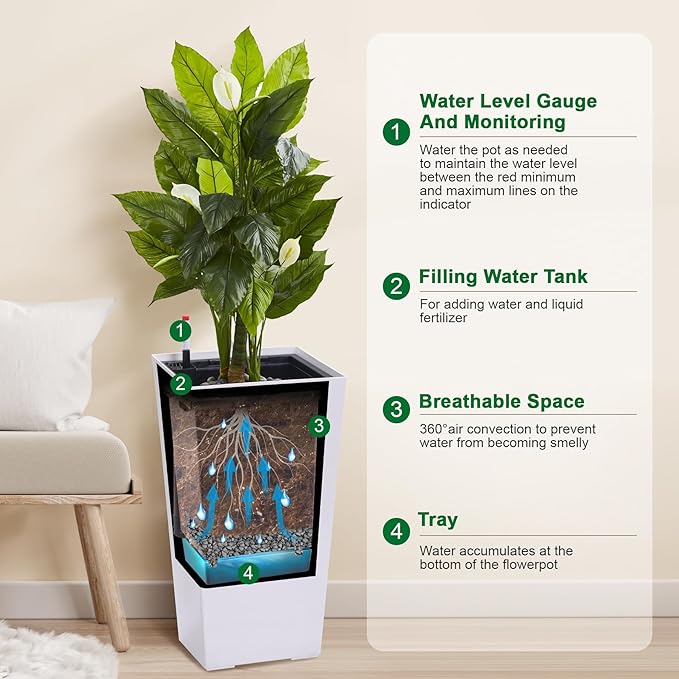 GAOMON 23" Tall Planters Set of 2, Planters for Outdoor＆Indoor Plants, Modern Plant Pots with Drainage Holes＆Water Level Monitor＆Inner Bucket, Automatic Watering, Convenience Instill, White