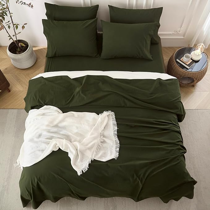 6PS Linen Like Bedding Sheet Sets Olive Green Queen Size Cotton Bedding Set Oeko-TEX Standard 100% Washed Cotton Deep Pocket Queen Size Fitted Sheet Plus Cozy Flat Sheet and 4 Pillowcases