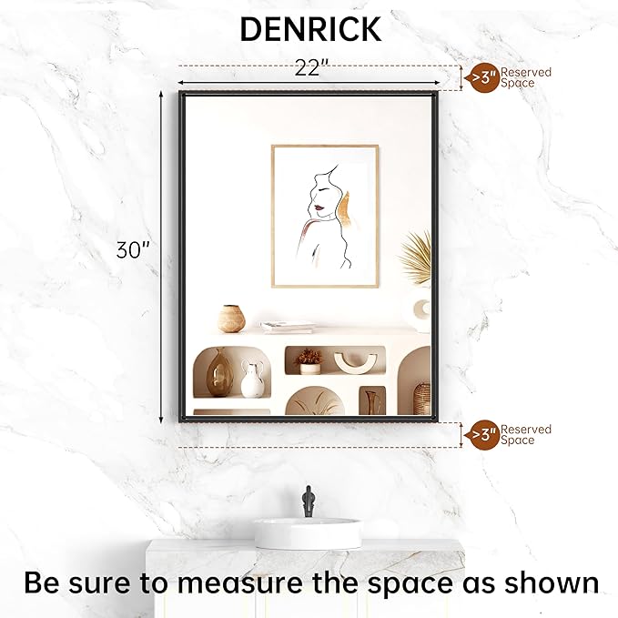 DENRICK 24X36 Wall Mounted Large Bathroom Mirror Black Bathroom Rectangular Vanity Mirror Matte Black Wall Mirror Metal Framed Farmhouse Mirrors Aluminum Frame Modern Rectangle Mirrors