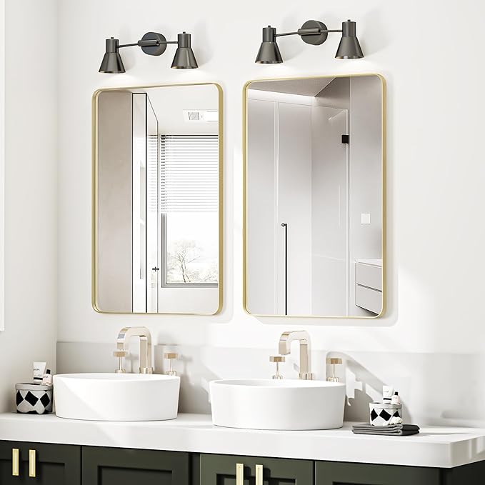 Bathroom Mirror 24x36 inch, Rustproof Aluminum Metal Framed Mirror for Wall, Matte Gold Bathroom Vanity Mirror, Shatterppoof Mirror, Living Room, Hanging or Leaning Horizontal or Vertical