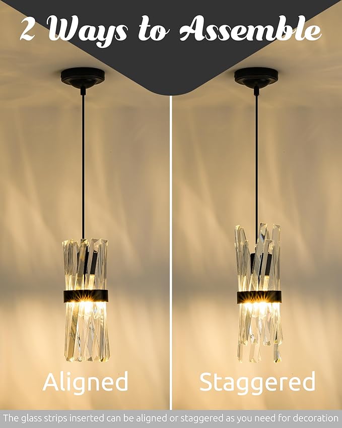 Ken & Ricky 3 Pack Crystal Pendant Lighting, Industrial Island Lights for Kitchen, Black Hanging Light Fixture, Small Chandelier, Adjustable Height and Crystal Bar, KR3356-3PK