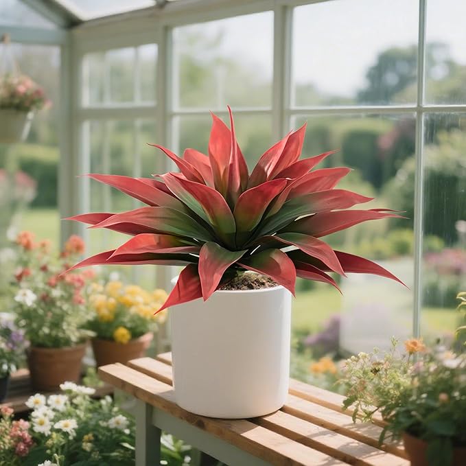 Artificial Agave 22" Faux Agave Fake Greenery Outdoor Artificial Plant Fake Plant for Indoor Home Decoration Plastic Plant Outdoor Decor Front Porch Decor Simulation Plants (Red 2Pcs) No Vase