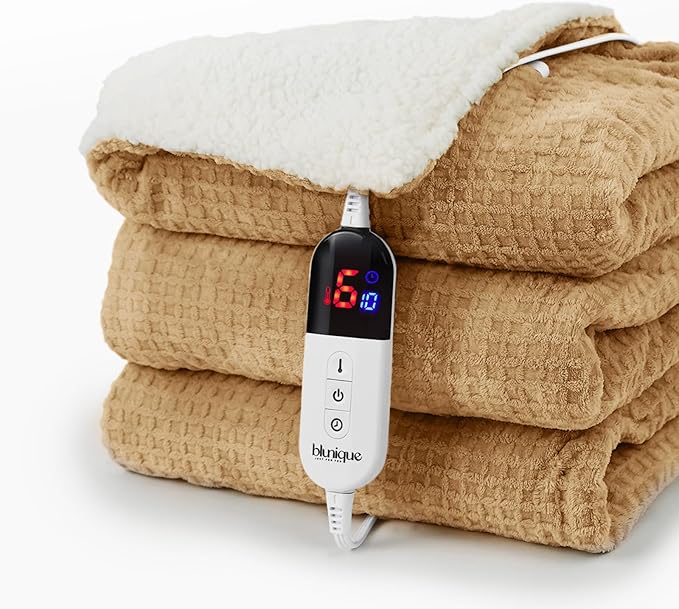 Heated Blanket Electric Blanket Twin Waffle, 62x84 Inches Sherpa Fleece Fast Heating Blanket 6 Heating Levels & 10 Hours Auto Off ETL Certification, Apricot Orange Twin