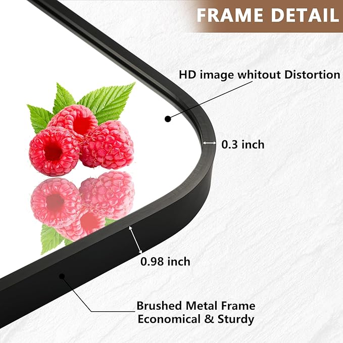 Matte Black Mirror, 20"x28" Rectangle Bathroom Mirror, Metal Frame Rectangle Corner Vanity Mirror, Wall Mounted Mirror for Modern, Living Room, Bedroom, Horizontal Or Vertical