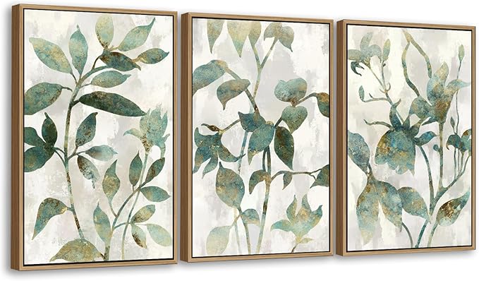 Large Framed Canvas Wall Art - Natural Float Framed Rustic Green Flowers Leaves Pictures Paintings White Grey Artwork Decor for Bedroom Living Room Kitchen Home Office Decoration 60" X 28" Set of 3