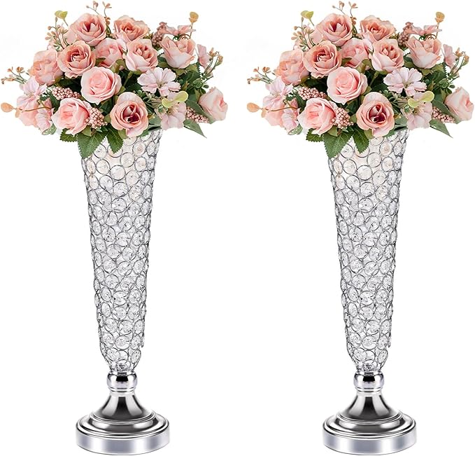 2 Pcs Crystal Trumpet Vases for Centerpieces, 20" Metal Floral Vase Centerpieces for Wedding Table Celebration, Wedding Flower Vase for Party Anniversary Birthday Home Décor
