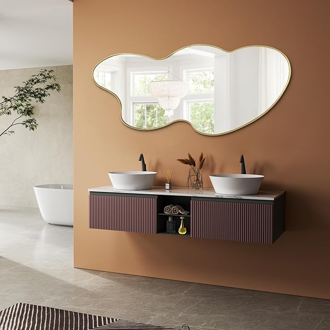 Gold Irregular Mirror, Asymmetrical Wall Mirror, 49.6"x26" Cloud Shaped Mirrors, Large Metal Frame Mirrors for Living Room Bathroom Bedroom Hallway Entryway Fireplace