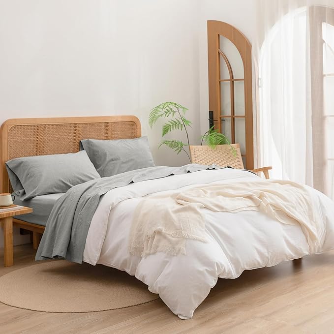 BESTOUCH Sheet Set 100% Washed Cotton Linen Feel Super Soft Comfortable Chic Lightweight 4 Pcs Home Bedding Set Solid Light Grey Full
