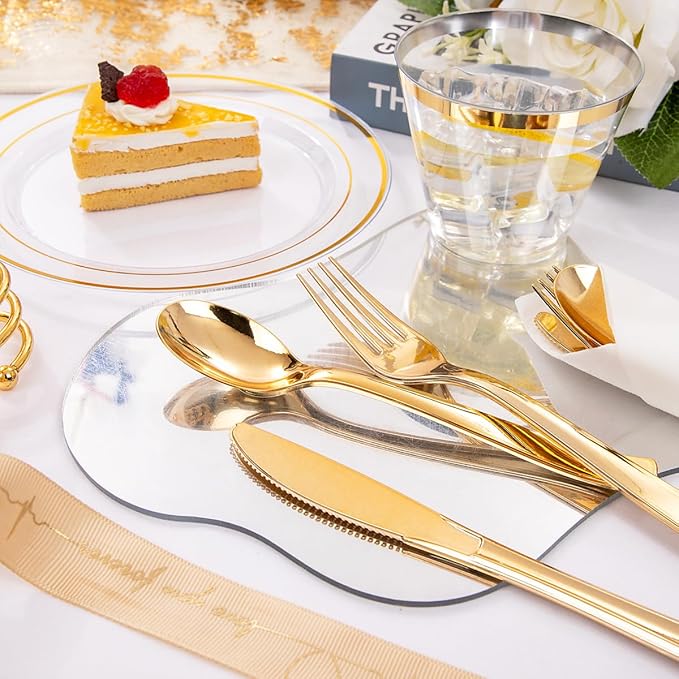 DaYammi 350PCS Clear Gold Plastic Dinnerware Set for 50 Guests, Fancy Disposable Plates for Party, Include: 50 Dinner Plates, 50 Dessert Plates, 50 Pre Rolled Napkins with Gold Silverware, 50 Cups