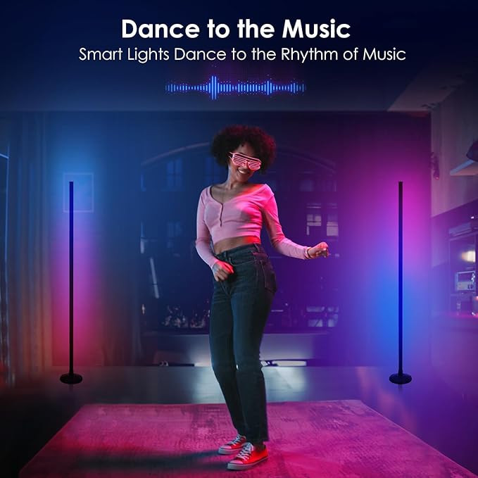 2PCS RGB Corner Floor Lights, Floor Lamp RGB Color Changing Corner Lamp LED Modern Floor Lamp with Bluetooth APP and Remote Control Music Sync, 65" Mood Lighting 24H Timing 398+ DIY Modes Lamp