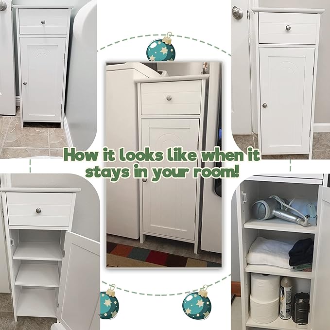 GLACER Floor Storage Cabinet, Multifunctional Bathroom Storage Cabinet with 2 Adjustable Shelves, Ideal for Bathroom, Living Room, 14 x 12 x 34.5 inches (White)