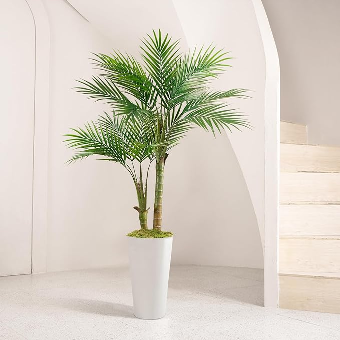 Artificial Palm Tree 5FT - Vitalismo Fake Plants with White Tall Planter, Faux Tropical Golden Cane Palm Tree with Two Trunks and 18 Realistic Palm Leaves, Indoor Floor Plants for Home Office Decor