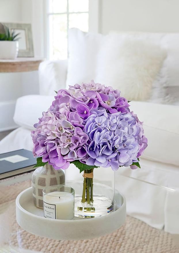 Hollyone Purple Hydrangea Artificial Flowers in Vase Latex Real Touch Large Faux Hydrangea Flowers Arrangements Hydrangeas Fake Flower with Glass Vase with Faux Water for Table Centerpiece Home Decor