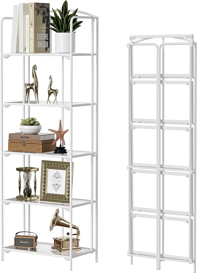 Crofy No Assembly Folding Bookshelf for Living Room, 5 Tier White Collapsible Book Shelf for Home Office, Portable Bookcase Storage Organizer
