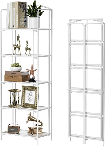 Crofy No Assembly Folding Bookshelf for Living Room, 5 Tier White Collapsible Book Shelf for Home Office, Portable Bookcase Storage Organizer