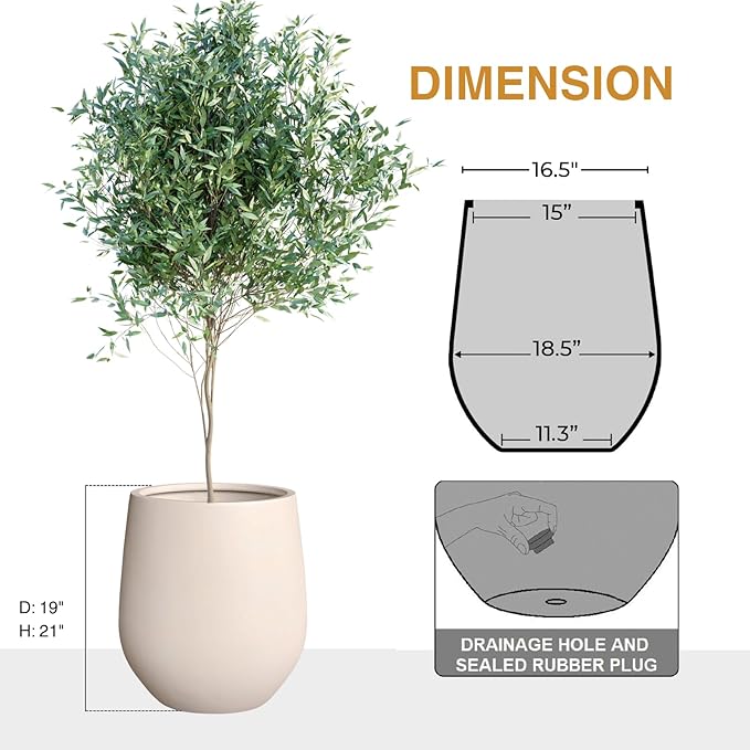 21" H x 19" D Corso Fiberstone Round Tapered Planter with Drainage Hole, Smooth Finishes, Weather Resistant for Indoor and Outdoor Use (Kilim Beige)