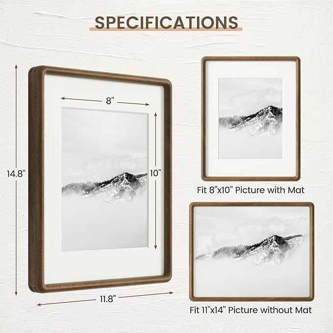 11x14 Picture Frame, Solid Walnut Wood Frame with Real Glass, Hard Wood 11 by 14 Photo Frame for Wall & Tabletop Display, 11x14 Picture Frame Matted to 8x10, Natural Walnut Color