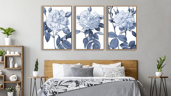 Large Framed Canvas Wall Art - Natural Float Framed Blue Gray Flowers Pictures Decor Rustic Blossom Leaves Botanical Artwork for Living Room Bedroom Kitchen Home Office Decoration 60" X 28" Set of 3
