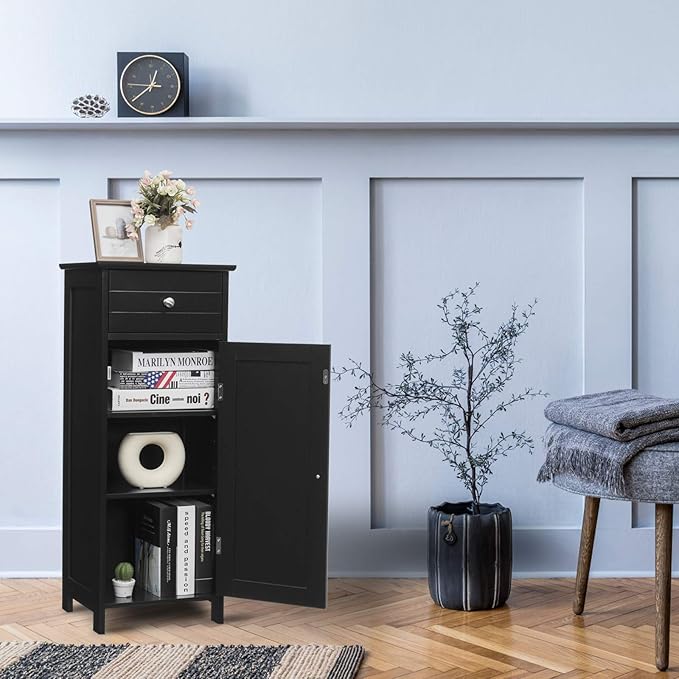 GLACER Floor Storage Cabinet, Multifunctional Bathroom Storage Cabinet with 2 Adjustable Shelves, Ideal for Bathroom, Living Room, 14 x 12 x 34.5 inches (Black)