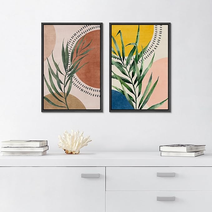 SIGNFORD Framed Canvas Print Wall Art Set Geometric Mid-Century Circle Plants Abstract Shapes Illustrations Modern Art Decorative Zen Bohemian for Living Room, Bedroom, Office - 16"x24"x2 Black