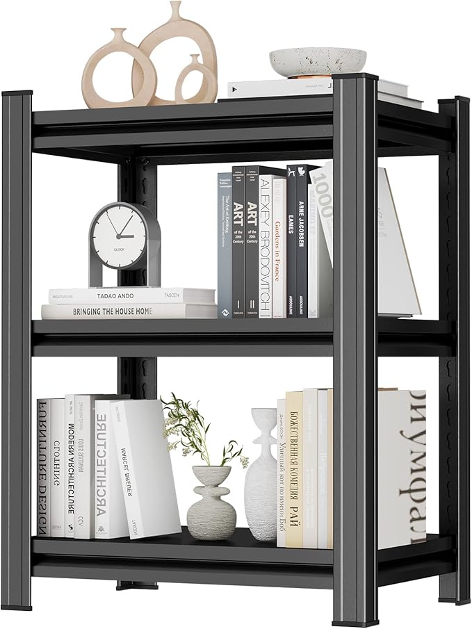 3 Tier Shelf Small Bookshelf 20 Inch Width Free Standing Shelf Adjustable Shelf Unit For Small Spaces Industrial Metal Book Shelves for Home, Office, Living Room,Kitchen,31.5''Hx20''Wx13.7''D,Black