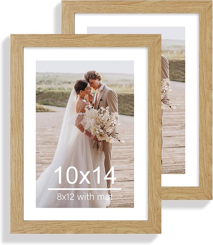 10x14 Picture Frame Set of 2, Made of Glass and Natural Oak Wooden Frame, Display 8x12 Pictures with Mat or 30 x 40cm Diamond Painting Art without Mat for Wall Mounting, Gallery Photo Frames