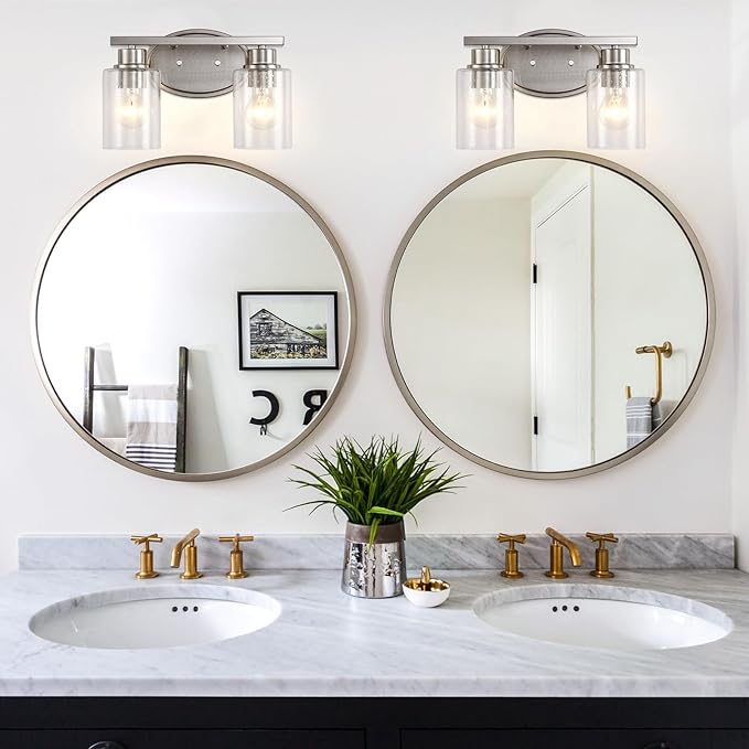 Bathroom Vanity Light Fixtures Over Mirror, Seeded Glass Bathroom Vanity Light, 2 Light Brushed Nickel Bathroom Light Fixtures with Clear Glass, Modern Rustproof Vanity Light Wall Mount