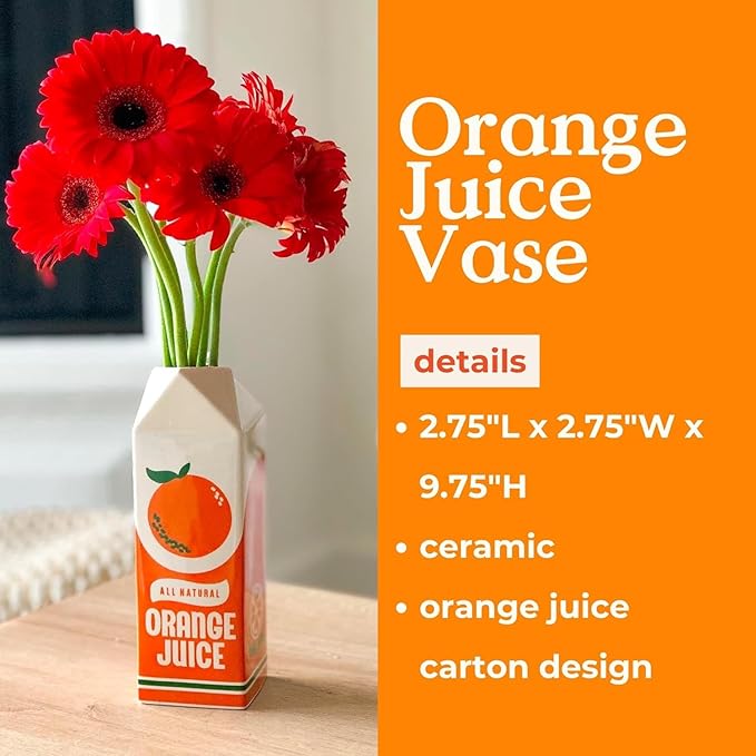 ban.do Vintage Inspired Orange Juice Vase, The Original Rise and Shine Decorative Ceramic Vase, OJ Carton, Retro/Unique/Eclectic/Novelty Accent for Home/Kitchen/Office, Orange Juice