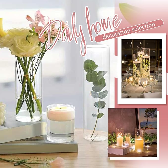 6 Pack Glass Cylinder Vases 8 Inch Tall Clear Flower Vase Bulk Glass Vases Hurricane Floating Candle Holder for Table Centerpiece Party Wedding Home Decor